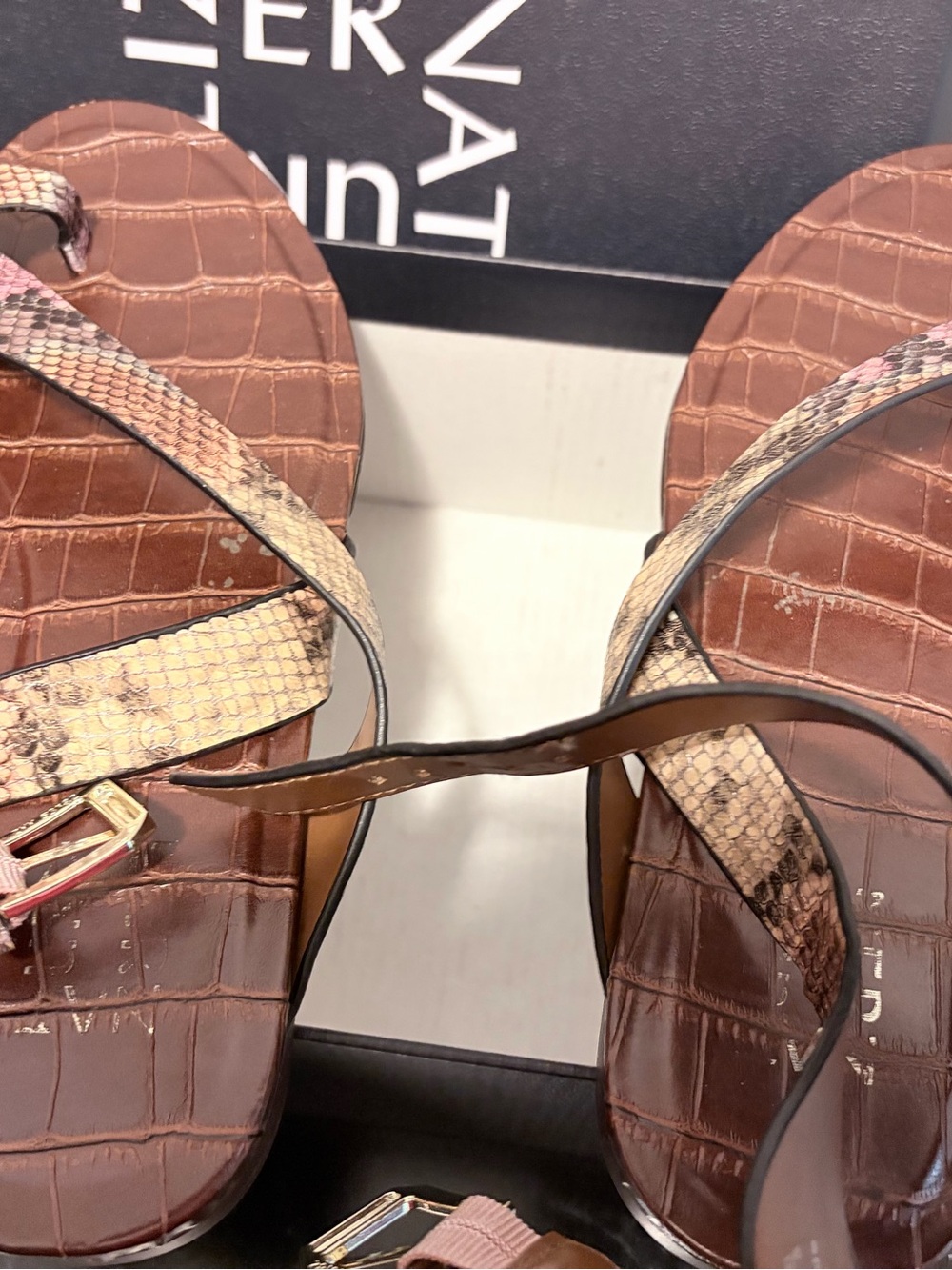 Naturalizer Brown Croc-Embossed Sandals with Snakeskin Straps